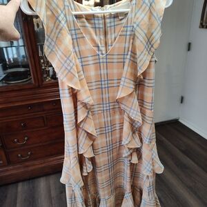 Michael Kors Plaid Ruffle Midi Dress in Blue and Tan